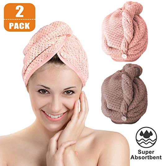 Hair Towels 2 Pcs, Super Absorbent Microfiber Fast Hair Drying Towel Turban Hat Set, Turbie Twist Head Towel Dryer Wrap ideal for Women Girls - Bath Shower Dry Hair Cap with Loop and Button Design