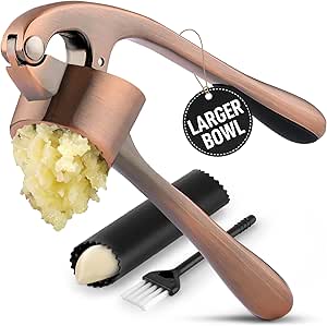 Zulay Kitchen Large Premium Garlic Press Set - Bigger Bowl for Bigger Garlic - Rust Proof & Dishwasher Safe Garlic Mincer Tool - Easy-Squeeze, Easy-Clean Silicone Garlic Peeler & Brush (Copper)