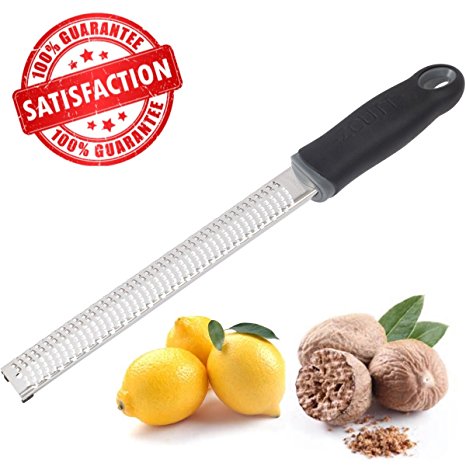 Zcutt™ Stainless Steel Zester (Black Handle) with Safety Storage Cover. Lemon, Citrus, Cheese and Spice Grater - Includes Rubber Footings …