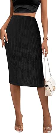 Zeagoo Womens Knit Midi Skirts Casual Pencil Skirt High Waisted Long Skirts with Slit Elegant Work Office Skirts