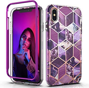 Hasaky Case for iPhone Xs Case,iPhone X Case 5.8 Inch,Dual Layer Hybrid Bumper Cute Girls/Women Marble Design Soft TPU Hard Back Heavy Duty Anti-Scratch Shockproof Protective Phone Case -Purple Marble