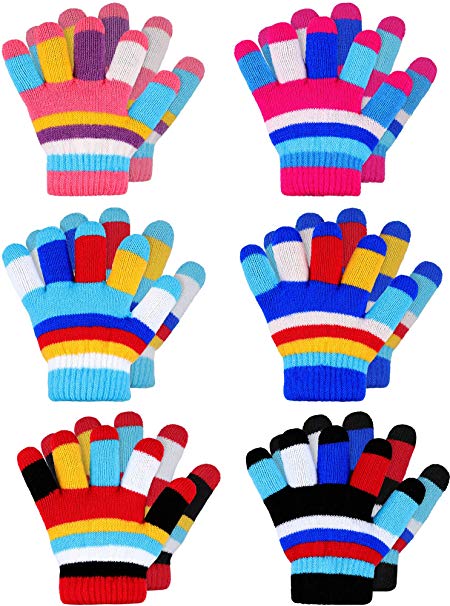 6 Pairs Kids Winter Knitted Stripe Gloves Cute Full Finger Gloves, 2-7 Years Old