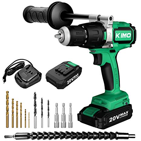 Cordless Drill Driver - 20V Brushless Compact Drill/Driver Kit -24 Position Keyless Clutch -3 Functions Setting W/ 13 Pieces Drill and Screwdriver Bits, 2 Batteries for Decoration, Installation