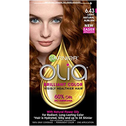 Garnier Olia Ammonia Free Permanent Hair Color, 100 Percent Gray Coverage (Packaging May Vary), 6.43 Light Natural Auburn, Red Hair Dye, Pack of 1