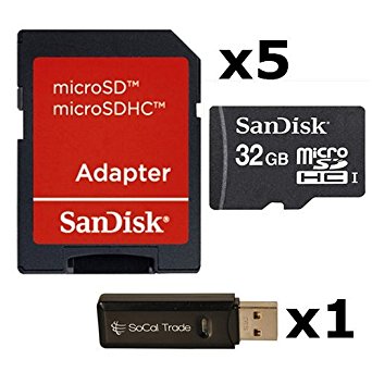 5 PACK - SanDisk 32GB MicroSD HC Memory Card SDSDQAB-032G (Bulk Packaging) LOT OF 5 with SD Adapter and SoCal Trade USB 2.0 MicoSD & SD Memory Card Reader