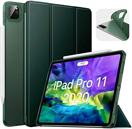 MoKo Case Fit iPad Pro 11 2nd Gen 2020 & 2018 [Support Apple Pencil 2 Charging] Case with Stand, Soft TPU Translucent Frosted Back Cover Slim Smart Shell, Auto Wake/Sleep - Midnight Green