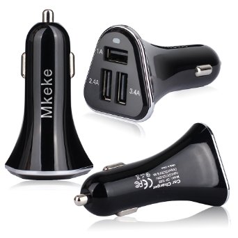Car Charger Powerful Triple 3 Port USB Cell Phone Micro USB Charger Charge 3 Devices Full Speed - Apple Samsung Travel Accessories 1224V-5V68A Cigarette Lighter Plug ChargerMount Black