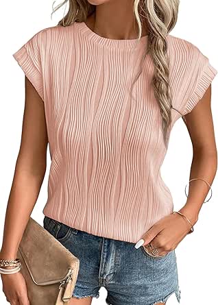 EVALESS Womens Short Sleeve Textured Tops Crewneck Knit Solid Loose Casual Basic T Shirts Tee Blouses