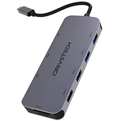 MacBook Pro USB C Hub - iDRiVETECH 10-in-1 - Compatible Other Type C Laptops - USB C to HDMI, USB C to USB 3.0, USB C to Ethernet, USB C to 3.5mm, USB C SD Card Reader, USB C to VGA, USB C to USB C