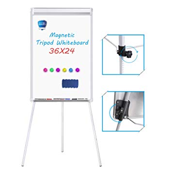 White Board Easel, Magnetic Dry Erase Board 36 x 24 inches Flipchart Easel Whiteboard, Height Adjustable Tripod Whiteboard with 1 Eraser, 3 Markers, 6 Magnets, White
