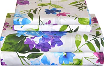 Pointehaven 100% Cotton Percale Sheets Full Size - Printed Bed Sheet & Pillowcase Sets - Soft Cotton 4 Piece Bed Sheets Set - Fits Mattress 19 inches Deep Pocket - Color Primavera