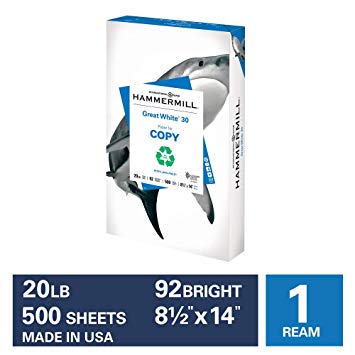 Hammermill Great White 30% Recycled 20lb Copy Paper, 8.5 x 14, 1 Ream, 500 Sheets, Made in USA, Sustainably Sourced From American Family Tree Farms, 92 Bright, Acid Free, Printer Paper, 086704R