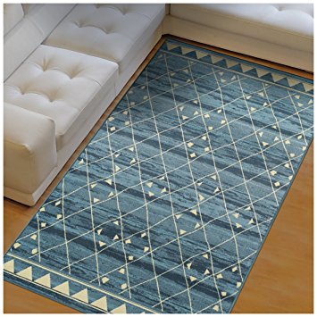 Superior Jarvis Collection Area Rug, 10mm Pile Height with Jute Backing, Fashionable and Affordable Rugs, Geometric Windowpane Pattern over Watercolor Stripes - 8' x 10' Rug, Blue and Beige