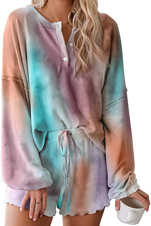 Actloe Women Tie Dye 1/4 Button Long Sleeve Pajama Sets Ruffle Sleepwear Front Drawstring Nightwear Loungewear