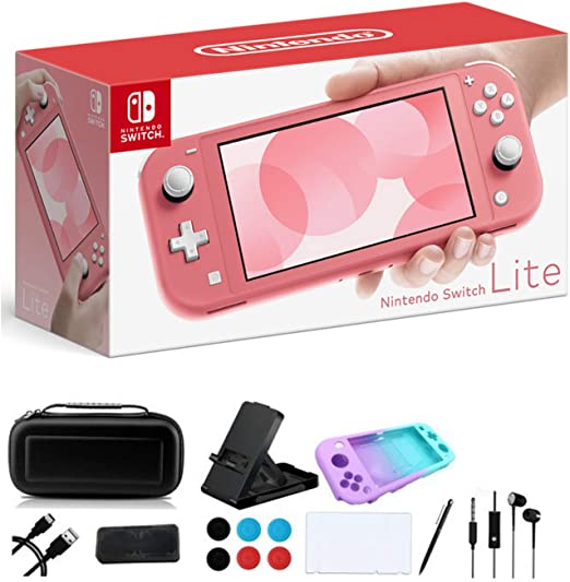 Newest Nintendo Switch Lite - 5.5" Touchscreen Display, Built-in Plus Control Pad - Family Christmas Holiday Gaming Bundle - 802.11ac WiFi, Bluetooth 4.1 - iPuzzle 9-in-1 Carrying Case - Coral