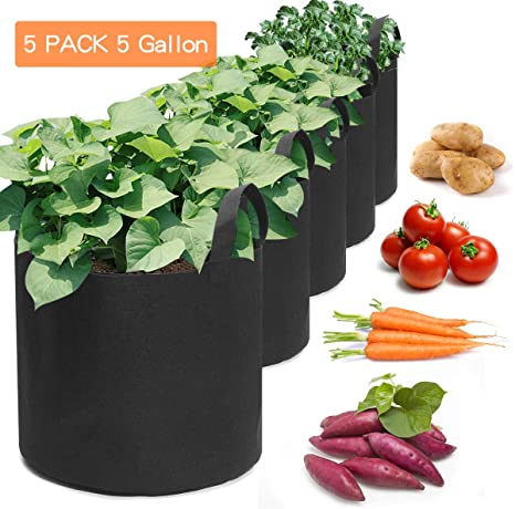 KINGSO 5Pcs Plant Grow Bags 5Gallon Planting Grow Bags with Handles Plant Grow Pots for Patio, Terrace, Courtyard, Garden 25x30cm