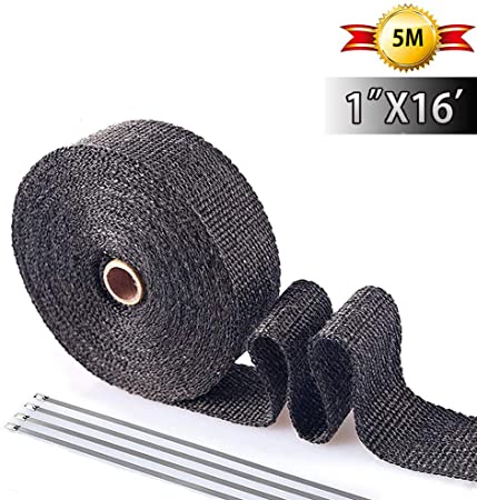 Exhaust Wrap Black 1" x 16' Roll for Motorcycle Fiberglass Heat Shield Tape with 4PC Stainless Ties (black)