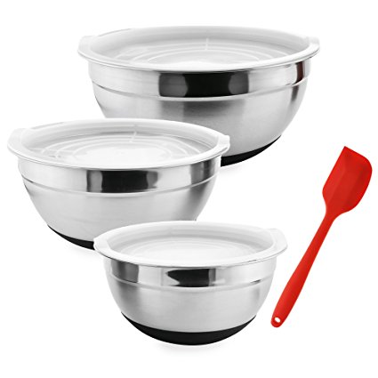 Stainless Steel Mixing Bowls Set by Hallogy- Bonus Spatula Included! - 3 Different Sizes- 5/3/1.5 Quarts- With Lids- Mix & Store At Once- Non-Slip Coating- A Must-Have For Every Kitchen