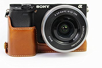 CEARI PU Leather DSLR Camera Half Case Bottom Mount for Sony Alpha A6000 A6300 - Brown