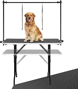 LEIBOU 45'' Height Adjustable(23''~33.8'') and Foldable Pet Dog Grooming Table Heavy Duty Iron Frame with H-Shape Grooming Arm & 3 Noose, Maximum Capacity Up to 260lbs, Black