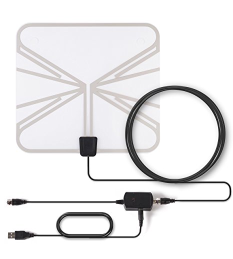 Digital TV Antenna, Paxcess HD TV Antenna Indoor Amplified Flat TV Antenna, Leaf Antenna 50 Miles Range with Signal Amplifier Booster, USB Power Supply, 16.5ft Coax Cable for Local Free TV (Clear)