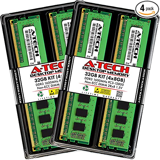 A-Tech 32GB (4x8GB) DDR3 1600 MHz UDIMM PC3-12800 CL11 DIMM 2Rx8 1.5V Desktop RAM Memory Modules