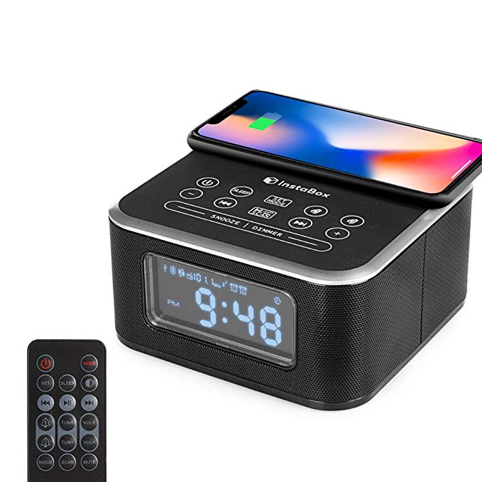 InstaBox W33 Wireless Charging Alarm Clock Radio with Bluetooth Dual Speakers, FM Radio, USB Charging Port, Hands-Free, AUX-IN, Snooze, Battery Backup, 4 Dimmer for Bedroom, Office, Hotel, Desk