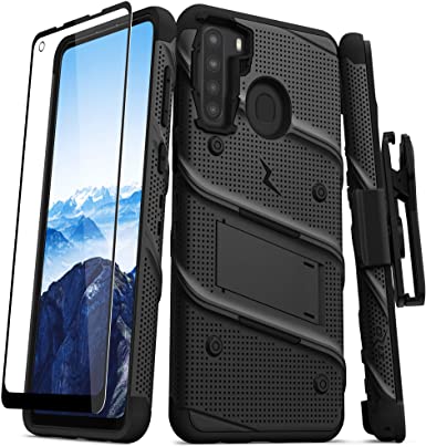 ZIZO Bolt Series for Samsung Galaxy A21 Case with Screen Protector Kickstand Holster Lanyard - Black & Black
