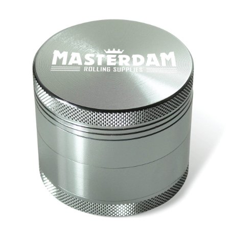 MasterGrind Shield Series 4 Part  3 Chamber Standard Size 22 Inch  55mm Aluminum Metal Herb Grinder  Crusher for Weed Herb and Spices with Crystal Kief Catcher Micron Screen and Mini Scraper for Pollen SILVER by Masterdam Rolling SuppliesTM Precision Milled Razor Sharp Curved Diamond Teeth And Strong Magnets for Tight Closure - Essential Accessory to get the perfect grind for any Roller or Vaporiser