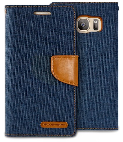 Galaxy S7 EDGE Case, [Drop Protection] GOOSPERY® Canvas Diary [Denim Material] Wallet Case [ID Card /Cash Slot] with Stand Flip Cover for Samsung Galaxy S7 EDGE - Navy Blue / Sand Brown