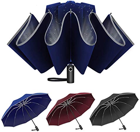 Umbrella Inverted Umbrella Windproof Travel Umbrella with Teflon Coating and Reflective Stripe, 10 Ribs Compact Reverse Umbrella Automatic Folding Umbrella, Blue