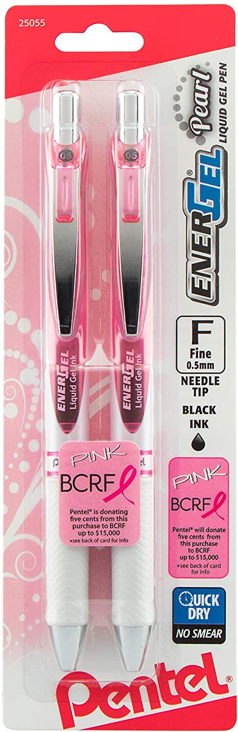 Pentel Pink BCA EnerGel Pearl RTX Gel Pen, 0.5mm, Fine Point, Needle Tip (BLN75WBP2PA)