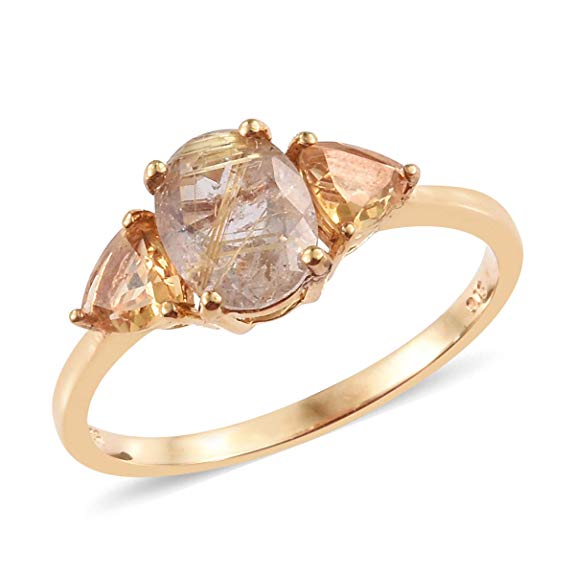 925 Sterling Silver 14K Yellow Gold Plated Golden Rutilated Quartz Citrine Gift Statement Ring Cttw 2.1