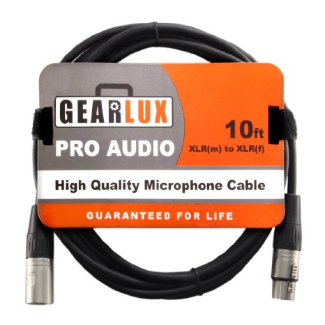 Gearlux 10-Foot Balanced XLR Microphone Cable with Oxygen-Free Copper Conductor - Male to Female