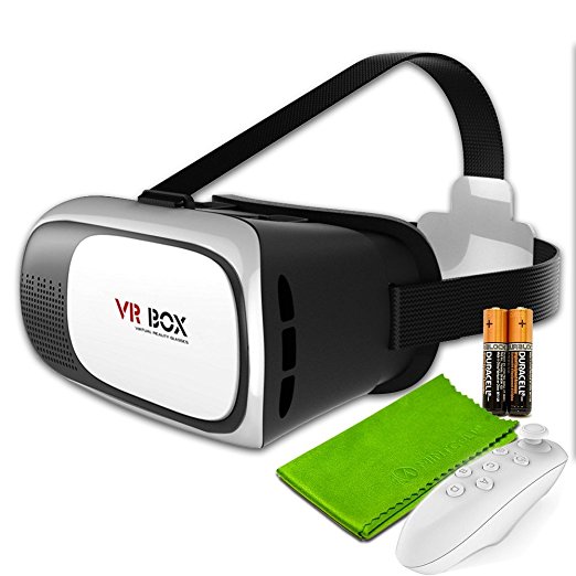 MintCell VR Box 2.0 Virtual Reality Headset Glasses Cardboard for Smartphones with Bluetooth Gamepad Controller   Microfiber Cleaning Cloth & Batteries