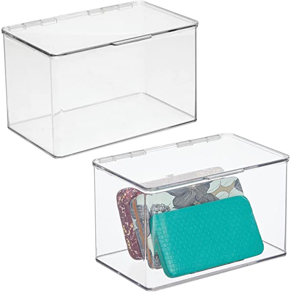 mDesign Plastic Closet Storage Organizer Box Containers with Hinged Lid for Bedroom Shelves or Cabinets, Holds Shoes, Shirts, Hats, Belts, Purses, Wallets, and Accessories - 2 Pack - Clear