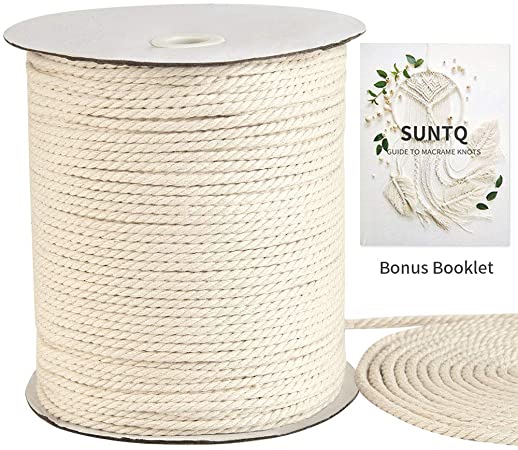 SUNTQ Macrame Cord 4mm x 240Yards, Natural Cotton Macrame Rope, 3 Strand Twisted Cotton Cord for Wall Hanging, Plant Hangers, Crafts, Knitting, Decorative Projects, Soft Undyed Cotton Rope