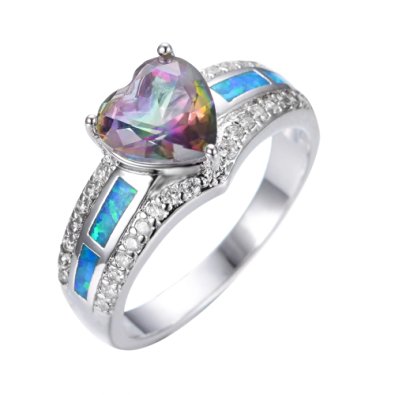 JunXin 10KT White Gold Blue Fire Opal Ring Mystic Heart Topaz Birthstone Size6/7/8/9