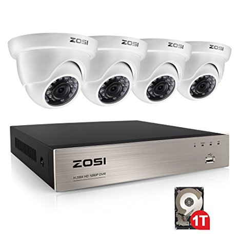 1080P CCTV Camera System w/1TB Hard Drive, ZOSI 4CH 1080P CCTV DVR and 4x 2.1MP (1920*1080P) Dome Security Cameras.