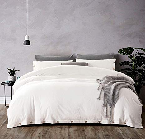 Sleepbella Duvet Cover King, 3 Piece Washed Cotton Duvet Cover Set with Buttons (King, Off-White)