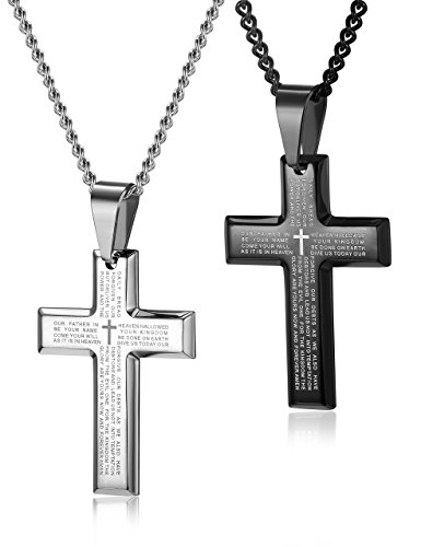 LOYALLOOK 2pcs Men's Stainless Steel Silver Black Tone Cross Pendant Lord's Prayer Necklace 24 Inch