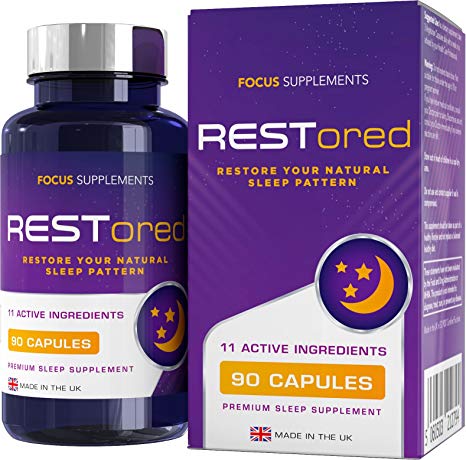 RESTored Herbal Nighttime Blend of 5-HTP, L-Tryptophan, Magnesium Glycinate, L-Theanine, Minerals & Essential Vitamins | 90 Capsules | Natural Sleep Aid and Mood Enhancing Supplement Stack (1 Bottle)