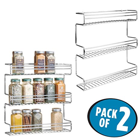 mDesign Wall Mount Three Tier Kitchen Spice Rack for Countertops or Cabinets - Pack of 2, Chrome