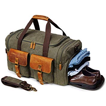 Kemy’s NEW UPGRADED Mens Canvas Duffle Bag Oversized Weekender Overnight Bags Vintage Carry On Luggage with Genuine Leather for Traveling(Military Green)