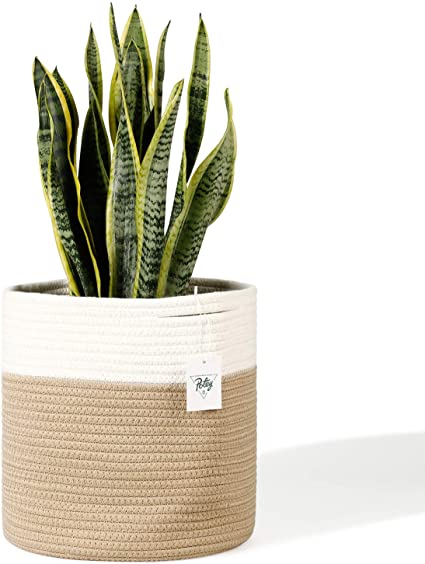 POTEY 700802 Cotton Rope Woven Plant Basket Modern Woven Basket for 10" Flower Pot Floor Indoor Planters, Storage Organizer Basket Rustic Home Decor, White Brown Stripes 11"x 11"