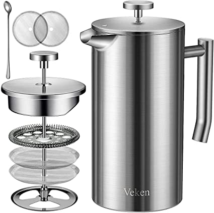 Veken French Press Double-Wall 18/10 Stainless Steel Coffee & Tea Maker, Multi-Screen System, 2 Extra Filters Included, Rust-Free, Dishwasher Safe, 50oz, Silver