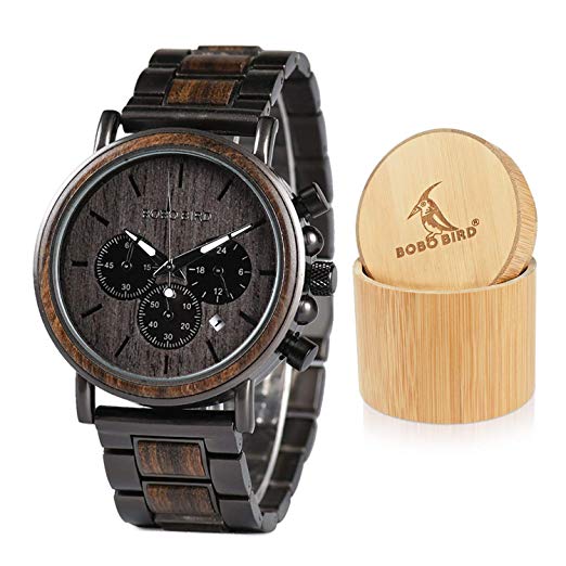 Mens Wooden Watches Business Casual Wristwatches Stylish Ebony Wood & Stainless Steel Combined Chronograph