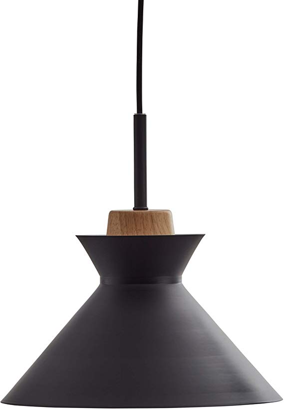 Rivet Mid Century Round Metal Shade Wood Accent Pendant With Light Bulb - 9.75 x 6 Inches, 27.5 Inch Cord, Black