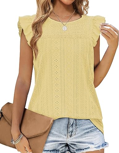 Aokosor Womens Vests Tops Ladies Crew Neck Summer Sleeveless Tank Ruffle Sleeves