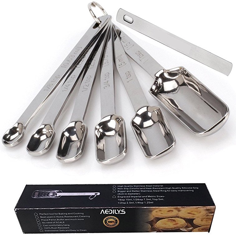 AEDILYS Set of 6 1 Best Measuring Spoons for Dry & Liquid Ingredients -Narrow Shape to Fit in Spice Jars with Bonus Leveler Narrow Accurate Perfect for Baking & Cooking - Engraved (silver...)